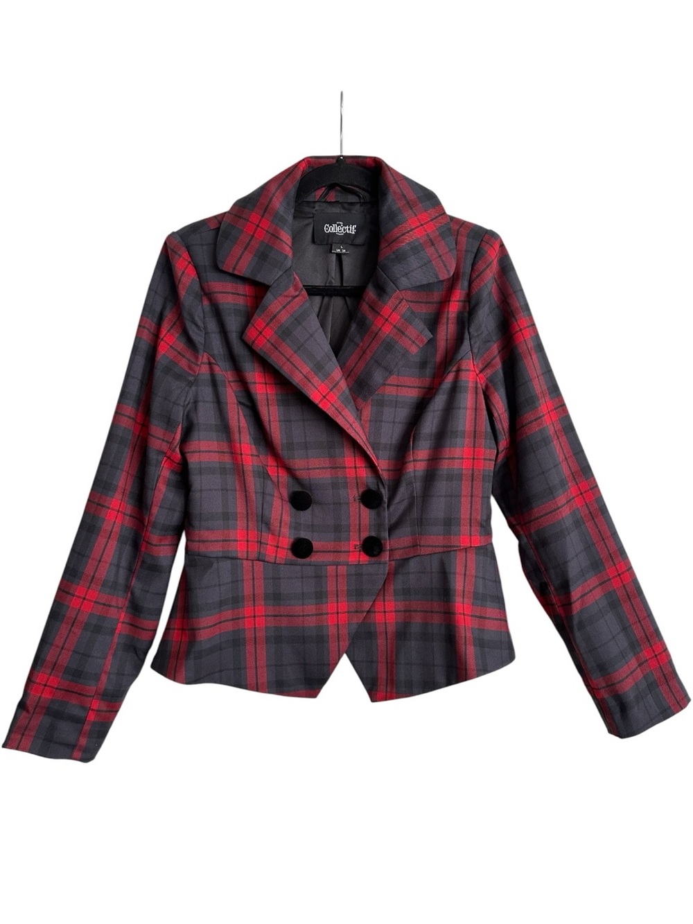 COLLECTIF London Tartan Plaid Peplum Blazer Red Black US 10 Rockabilly Pinup